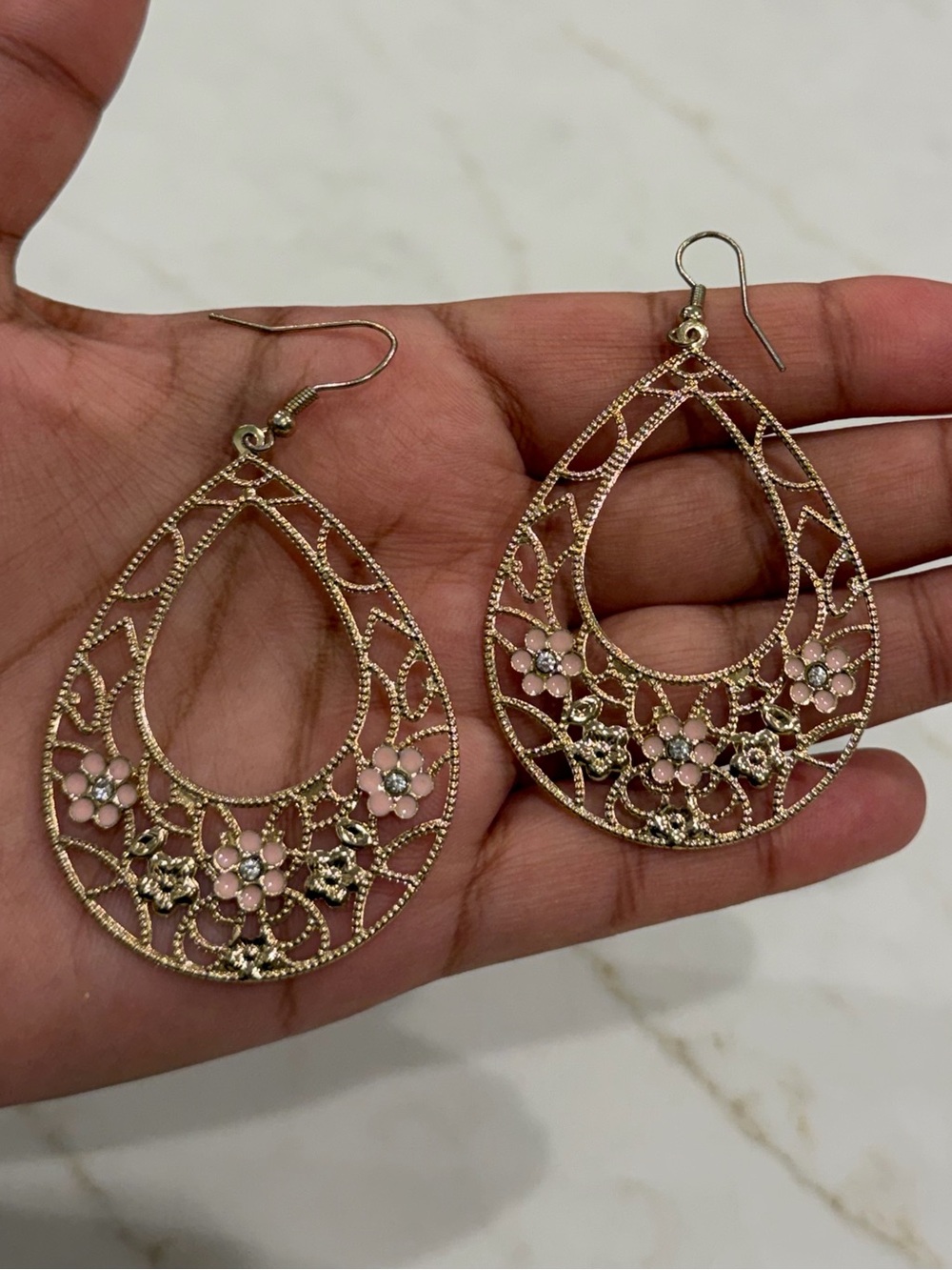 Vintage Gold Floral Teardrop Earrings – Pink Flower Filigree Dangle Earrings